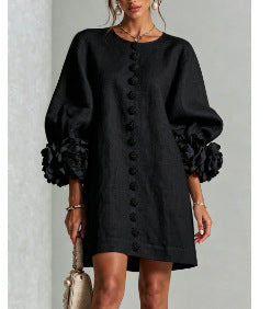 3D Floral Lantern Sleeve Mini Shift Dress