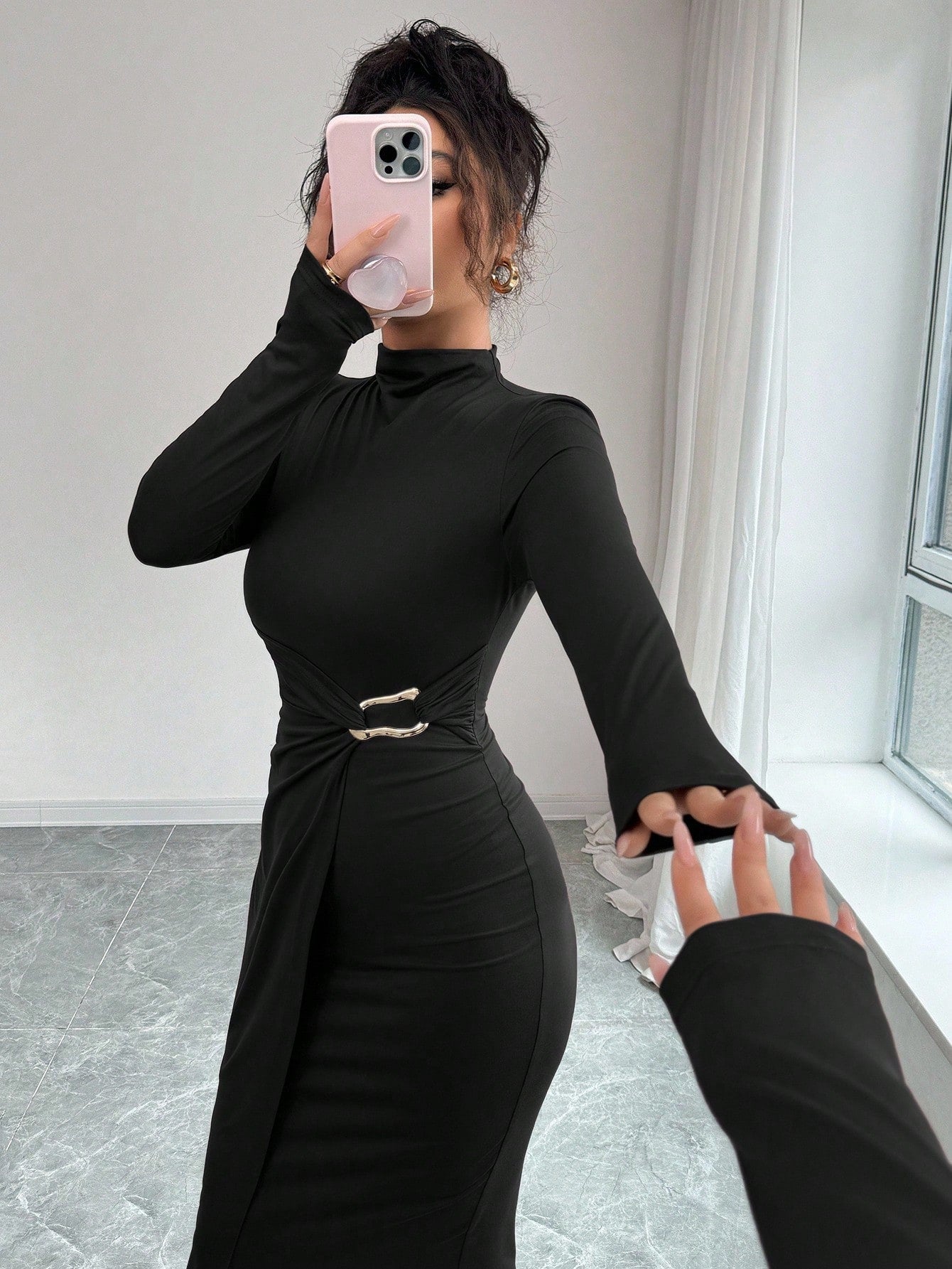 Mock Neck Ruched Bodycon Midi Dress with Gold Detail