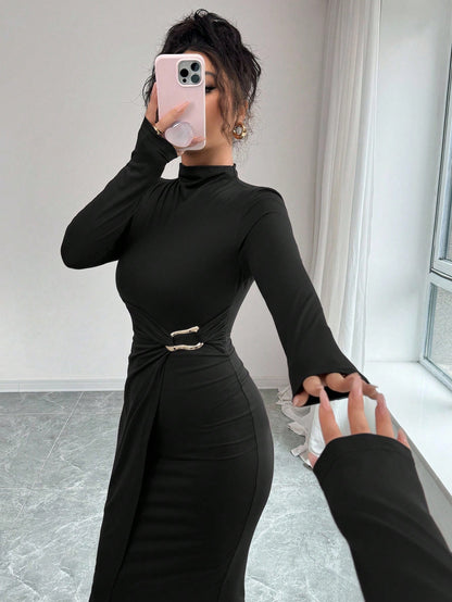 Mock Neck Ruched Bodycon Midi Dress with Gold Detail