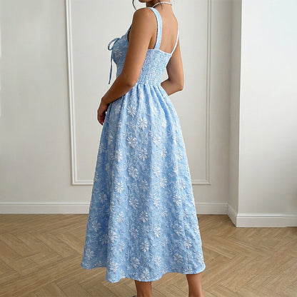 Blue Jacquard Square Neck Dress Sleeveless A-Line Mid-Length
