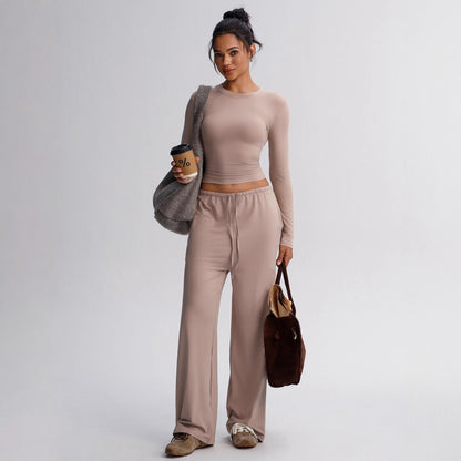 Women's Solid Wide Leg Sweatpants Two Piece Set