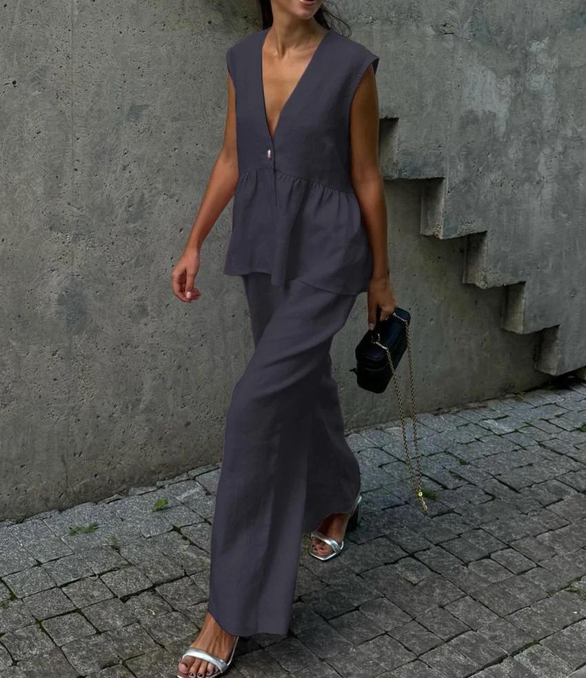 Women's Two Piece V-Neck Vest Pants Set Sleeveless Solid