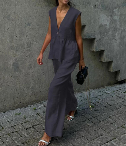 Women's Two Piece V-Neck Vest Pants Set Sleeveless Solid