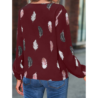 Feather Print V Neck Chiffon Blouse Long Sleeve Top