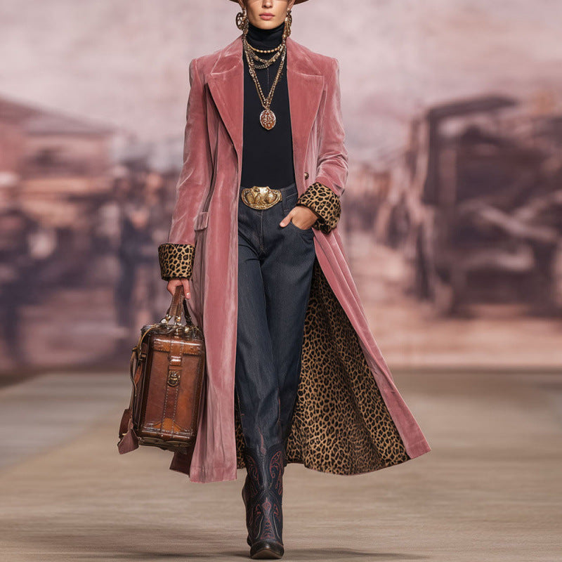 Women's Long Velvet Blazer Leopard Cuff Coat