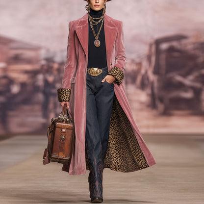 Women's Long Velvet Blazer Leopard Cuff Coat