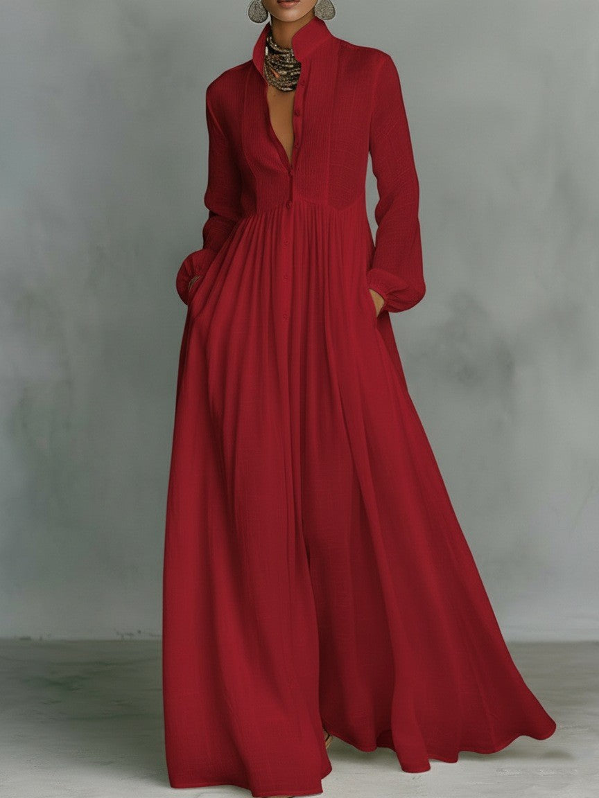 White Long Sleeve Pleated Maxi Dress Flowy