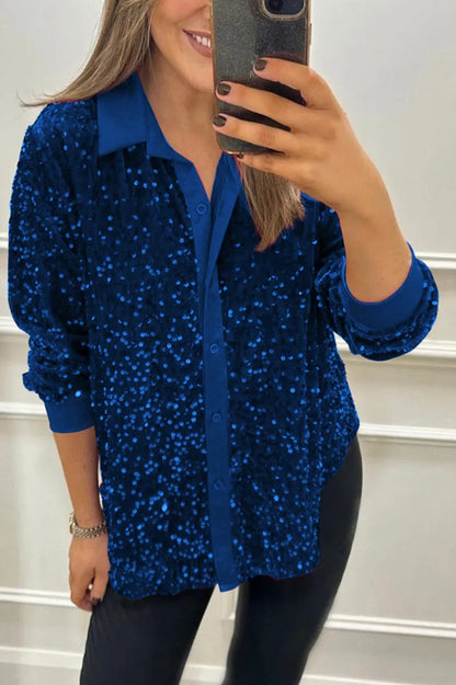 Women's Sequin Long Sleeve Button Down Collared Shirt