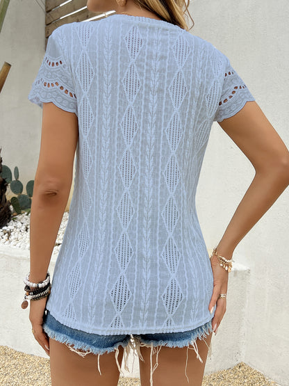 Spring Summer Hollow-Out Round Neck Short Sleeve T-Shirt Women’s Top