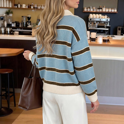 Striped Knit Polo Sweater Button Placket Relaxed Fit