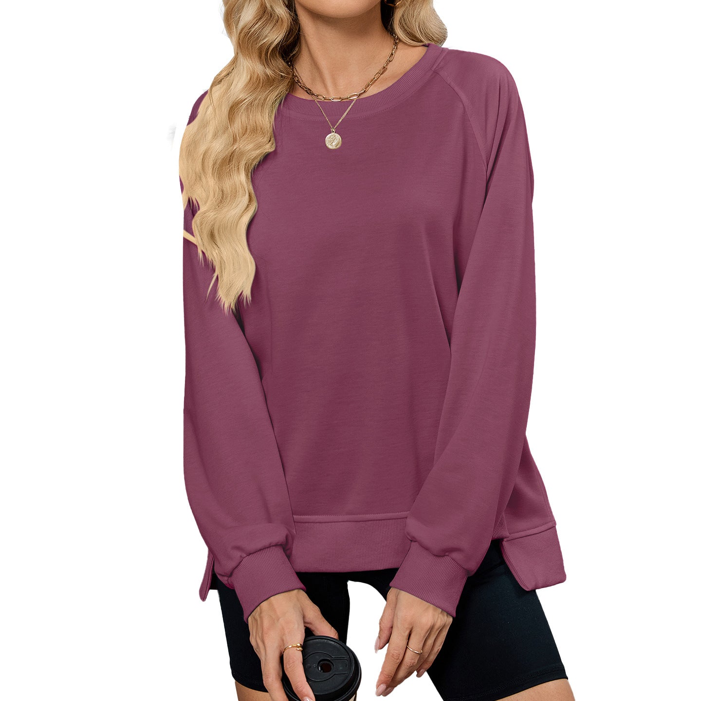 Women Oversized Crewneck Sweatshirt Long Sleeve Side Slit
