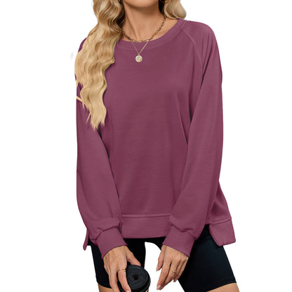 Women Oversized Crewneck Sweatshirt Long Sleeve Side Slit