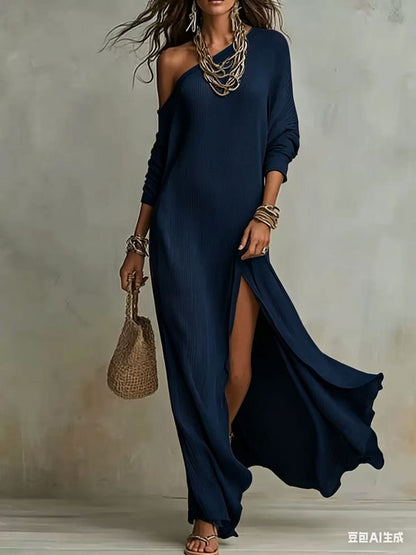 Women's One Shoulder Long Sleeve Side Slit Knit Maxi Dress