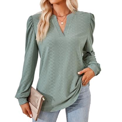 Women's V Neck Puff Sleeve Textured Tunic Top Long Sleeve