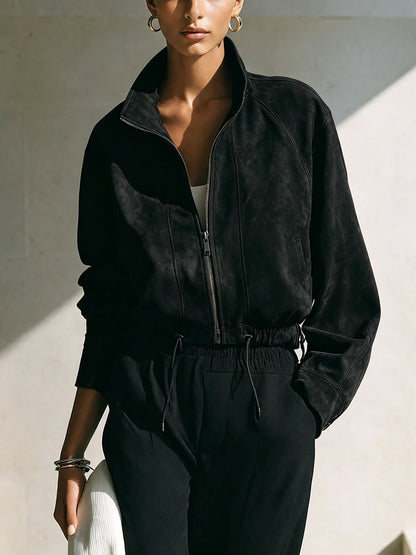 Women's Vintage Faux Suede Zip Up Bomber Jacket