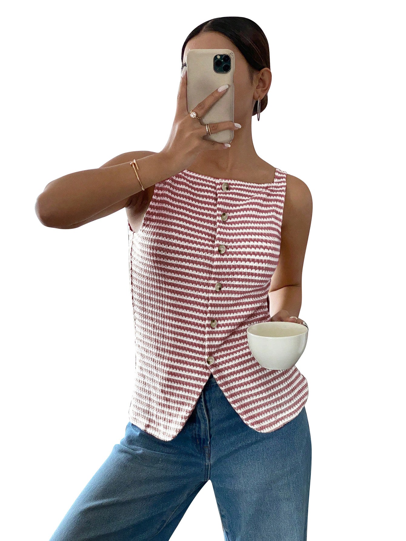Women’s Striped Button Front Sleeveless Tank Top