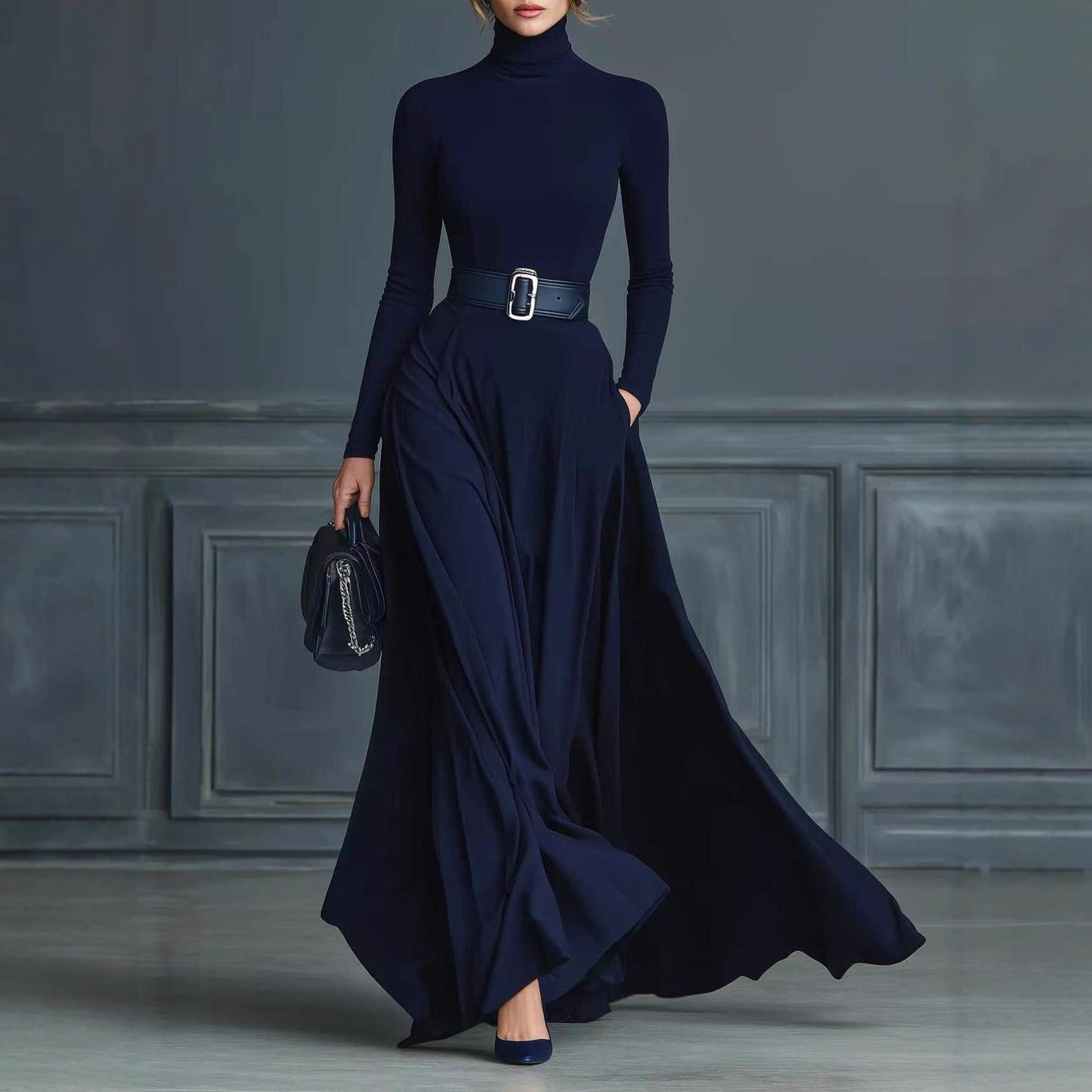 Women's Turtleneck Long Sleeve Fit and Flare Maxi Dress