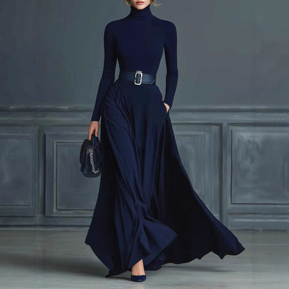 Women's Turtleneck Long Sleeve Fit and Flare Maxi Dress