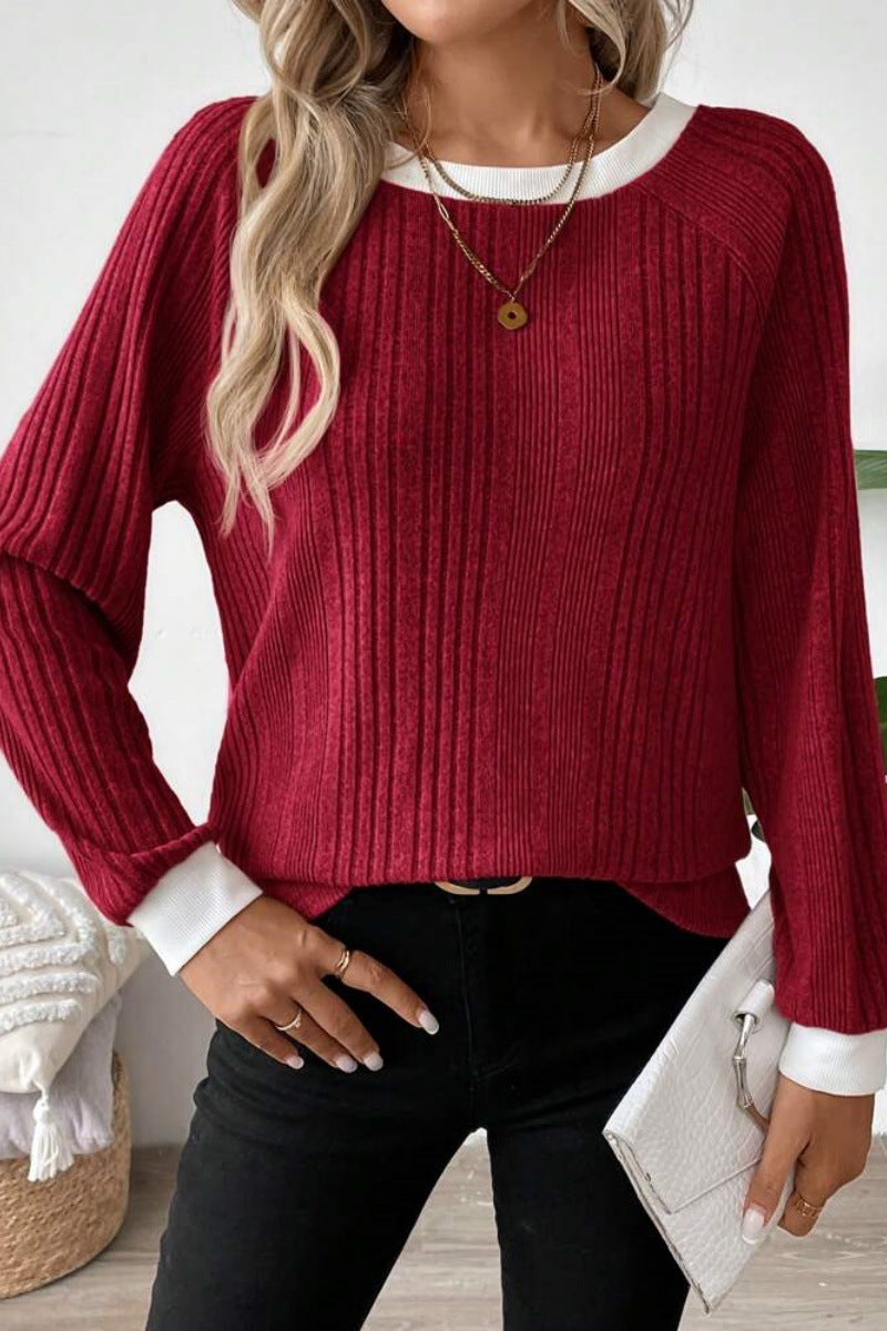 Women's Ribbed Crew Neck Long Sleeve Pullover Sweater