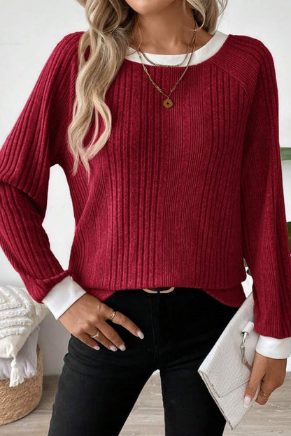 Women's Ribbed Crew Neck Long Sleeve Pullover Sweater