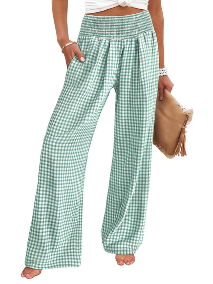 Gingham High Waist Wide Leg Pants with Pockets