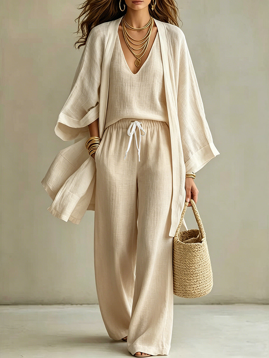 Women's 3 Piece Matching Set Wide Leg Pants Cardigan