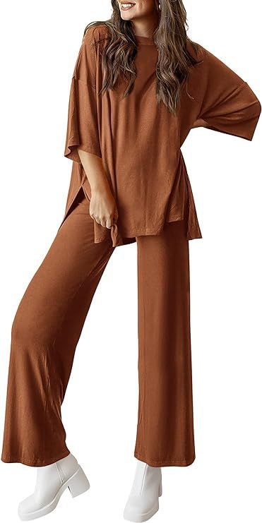 Women's 2 Piece Lounge Set Short Sleeve Top Wide Leg Pants
