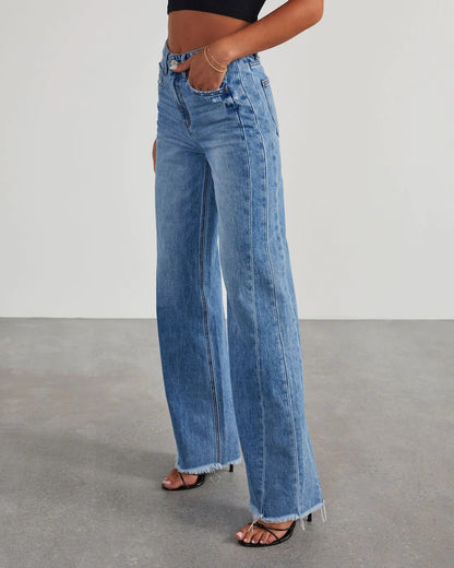 Women's Baggy Wide Leg Jeans Frayed Hem Mid-Rise