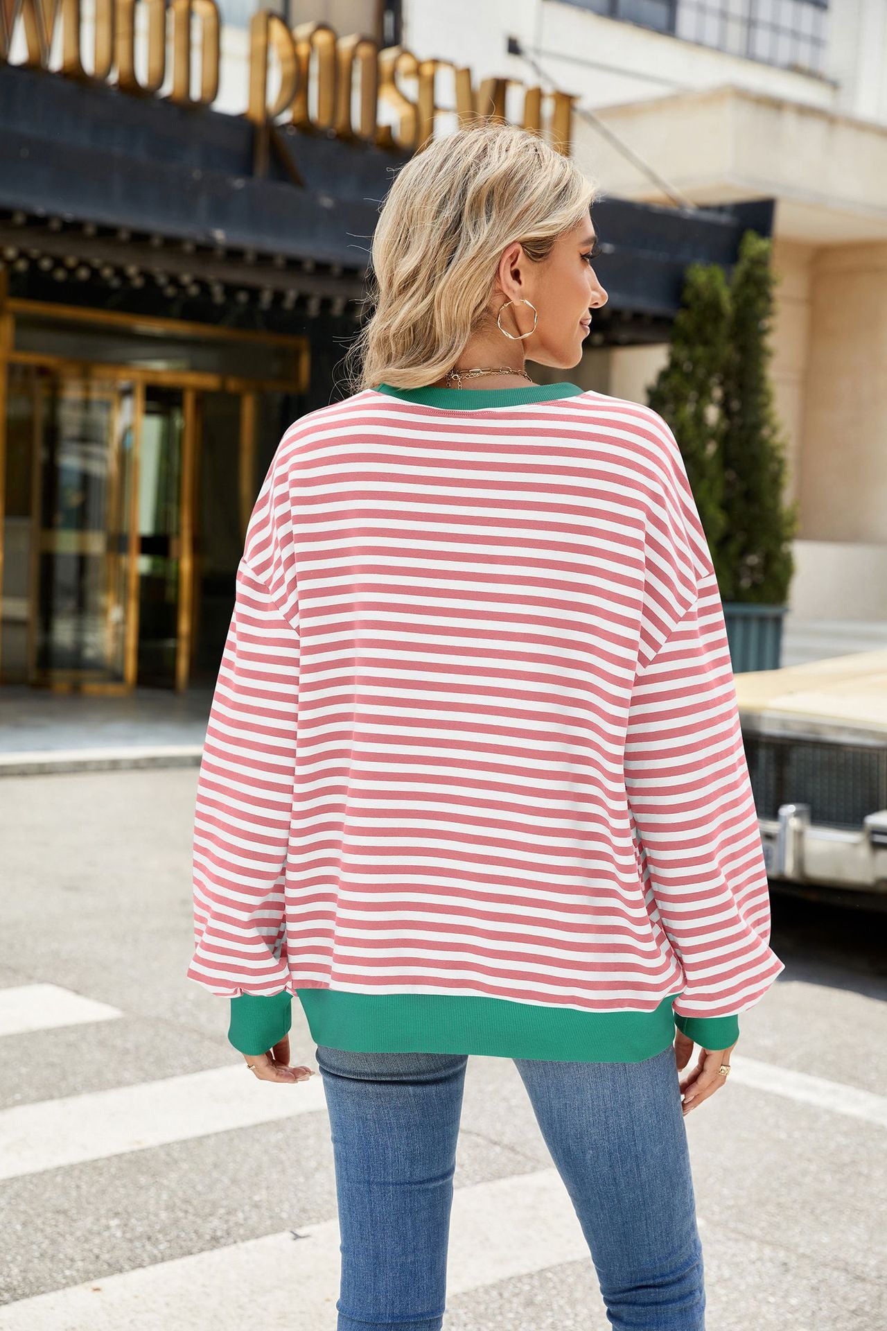 Striped Color Block Crew Neck Loose Fit Long Sleeve Sweatshirt