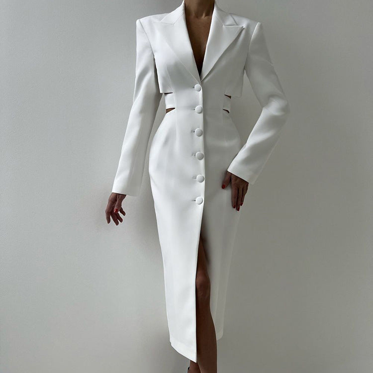 Cut Out Blazer Dress Long Sleeve Button Front Bodycon Midi