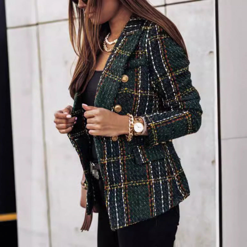 Women's Tweed Plaid Blazer Long Sleeve Jacket