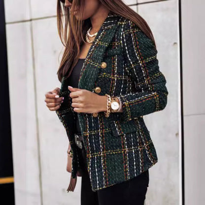 Women's Tweed Plaid Blazer Long Sleeve Jacket