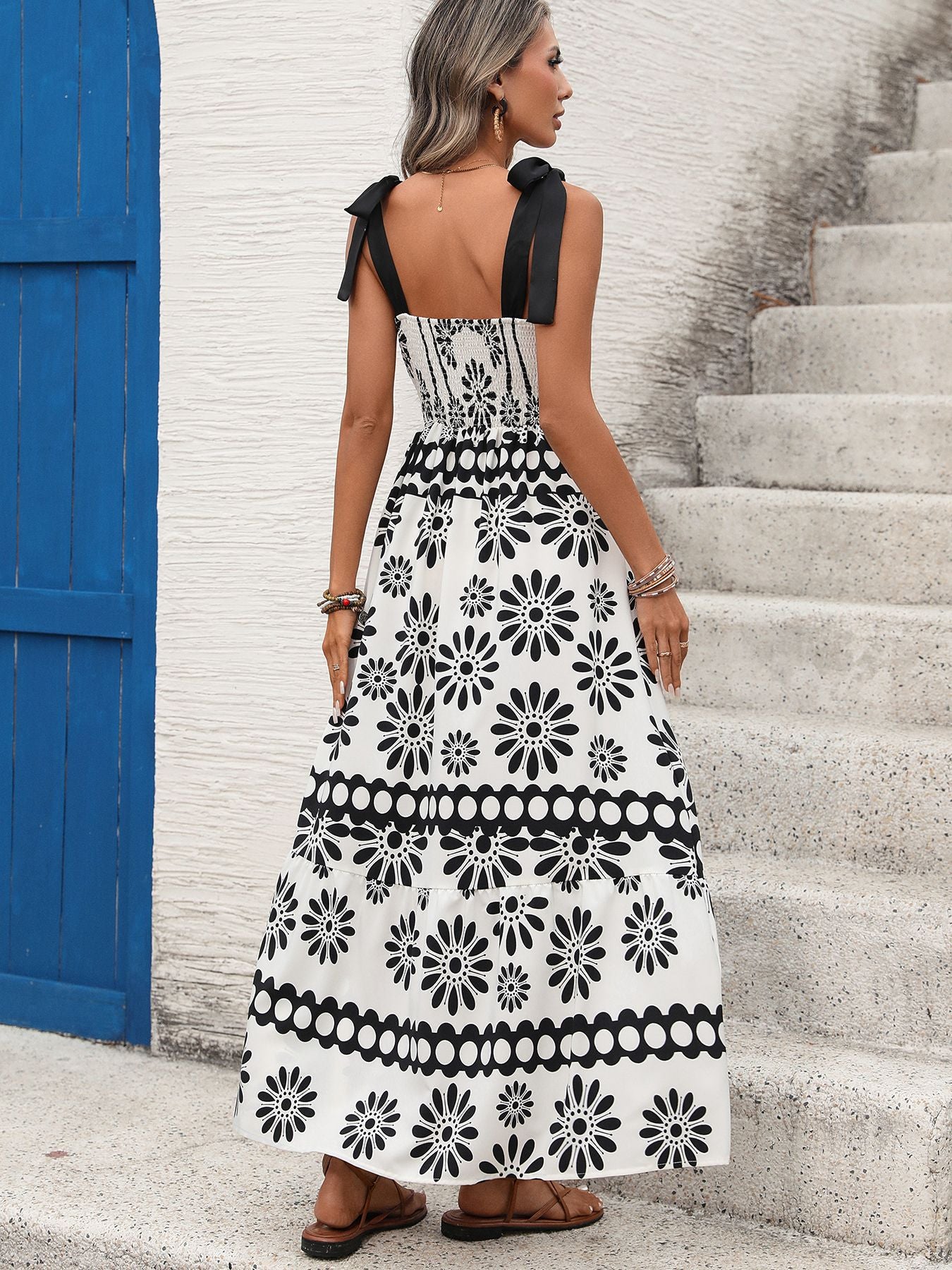 Boho Floral Maxi Dress Backless Tie Back Summer