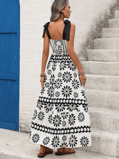 Boho Floral Maxi Dress Backless Tie Back Summer