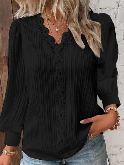 Lace Trim V Neck Blouse Long Sleeve Elegant Top
