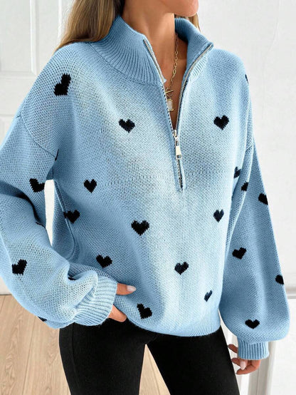 Women’s Heart Print Half Zip Wool Knit Sweater