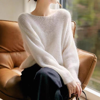 Womens Fuzzy Oversized Sheer Sweater Boat Neck White