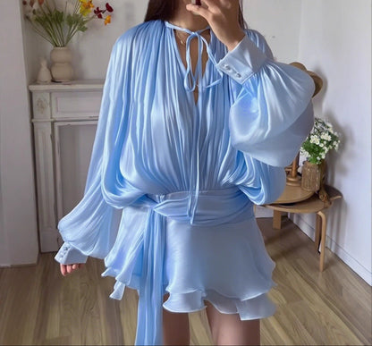 Women's Puff Sleeve Tie Neck Ruffle Mini Dress