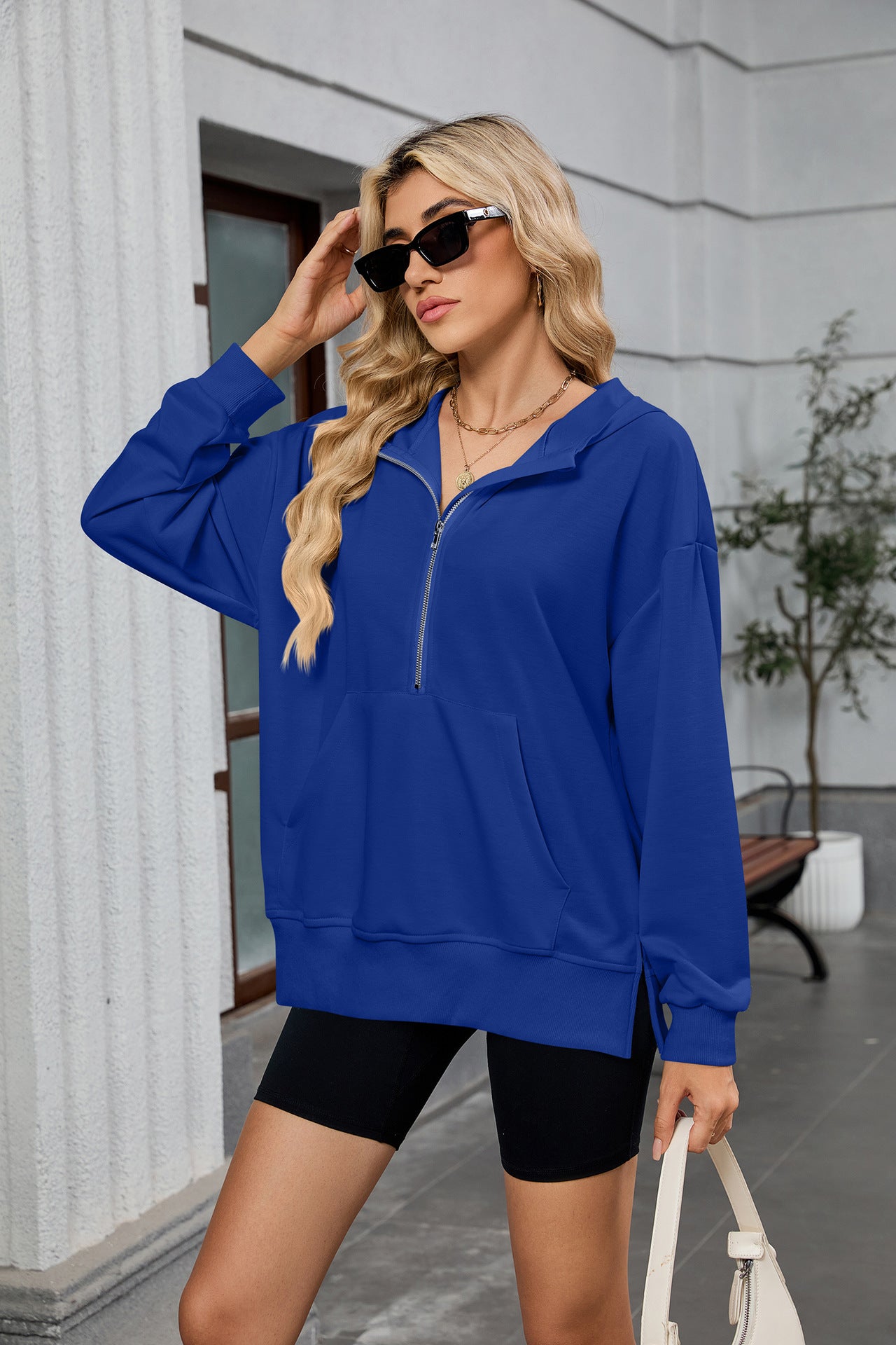 Womens Half Zip Hoodie Oversized Pocket Sweatshirt