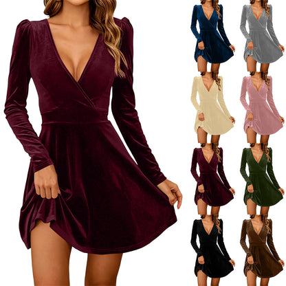 Sexy Velvet Deep V Neck Long Sleeve Mini Dress