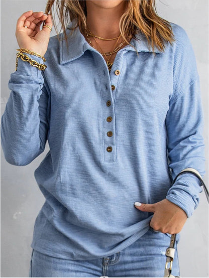 Oversized Ribbed Knit Collared Button Front Long Sleeve Top