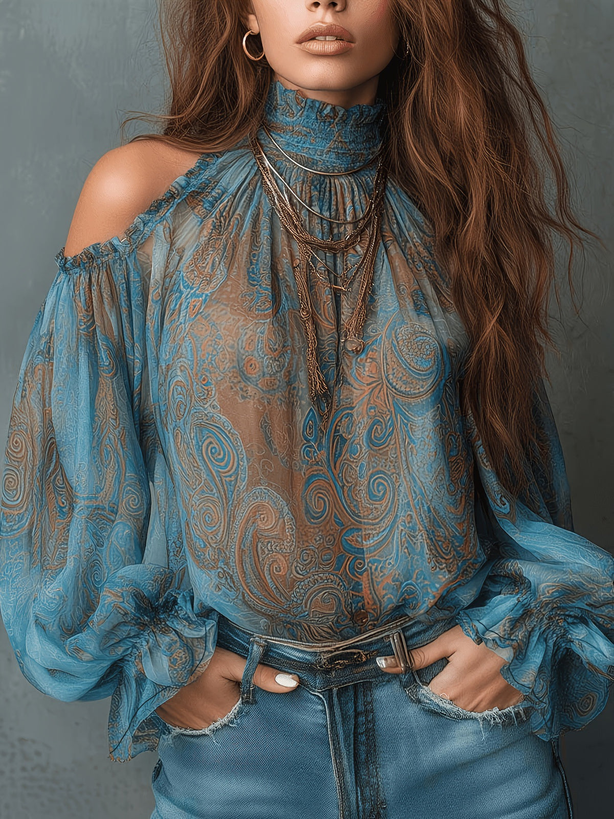 Cold Shoulder Paisley Blouse Balloon Sleeve Smocked Neck