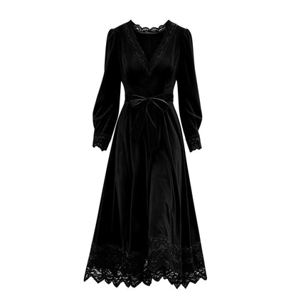 Velvet Maxi Dress V-Neck Lace Trim Puff Sleeve Flowy