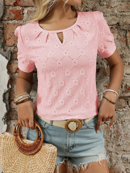 Light Blue Textured Knit Short Sleeve Button Neck Top