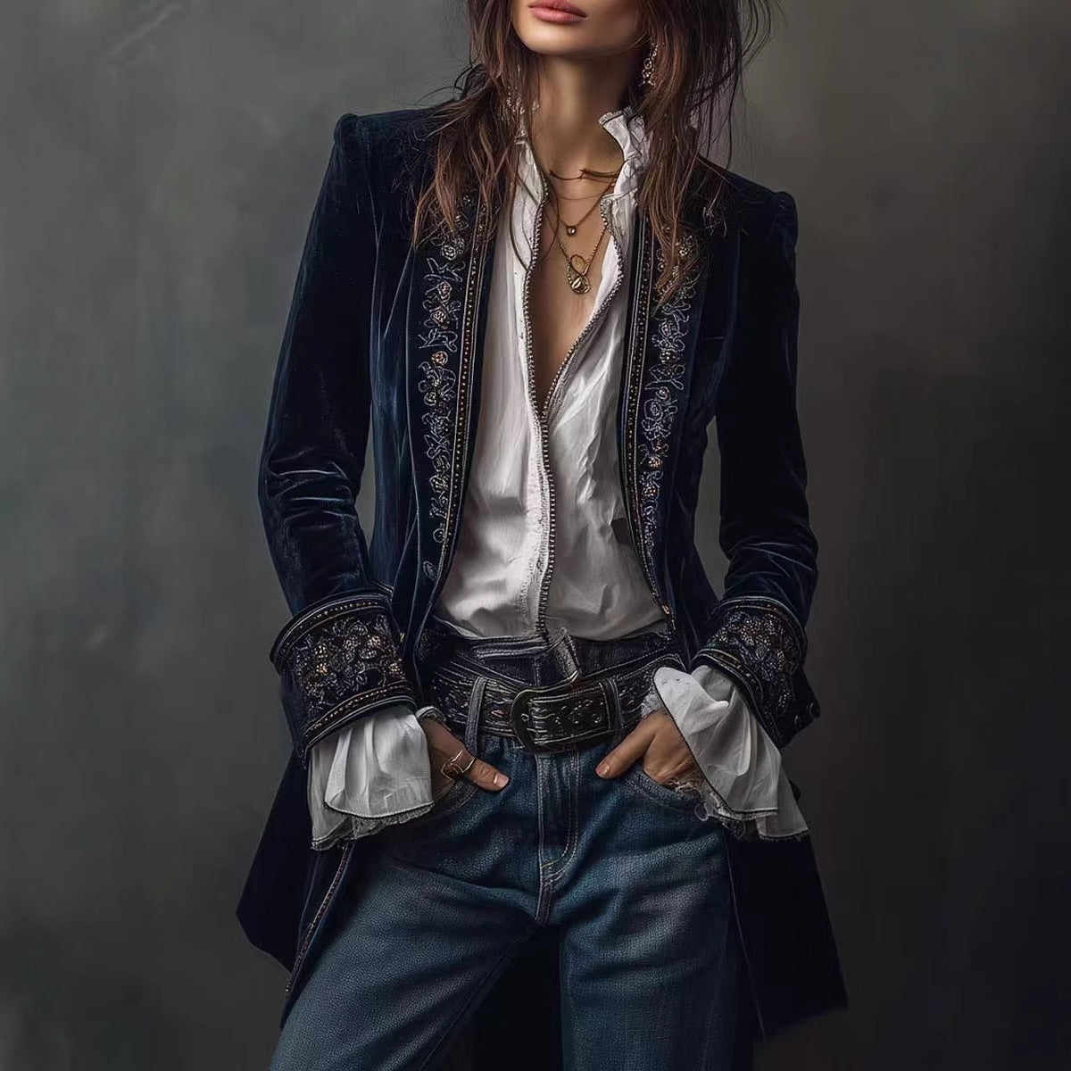 Women's Velvet Embroidered Blazer Open Front Vintage