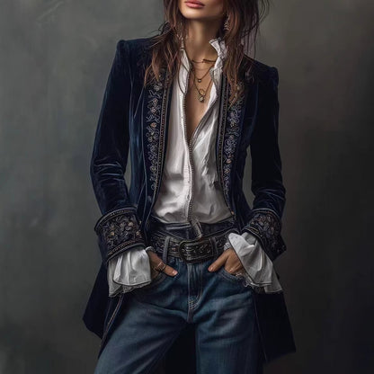 Women's Velvet Embroidered Blazer Open Front Vintage
