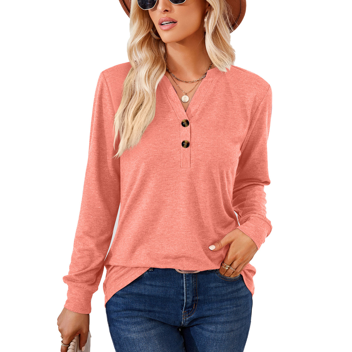 Women's Henley V Neck Long Sleeve Button Loose Tunic Top
