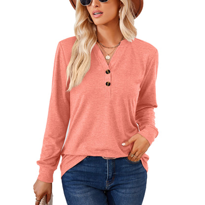 Women's Henley V Neck Long Sleeve Button Loose Tunic Top