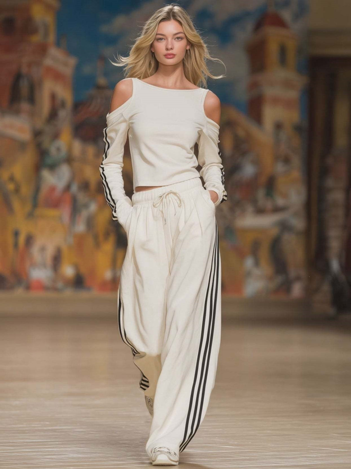 Women Cold Shoulder Top & Wide Leg Pants Lounge Set