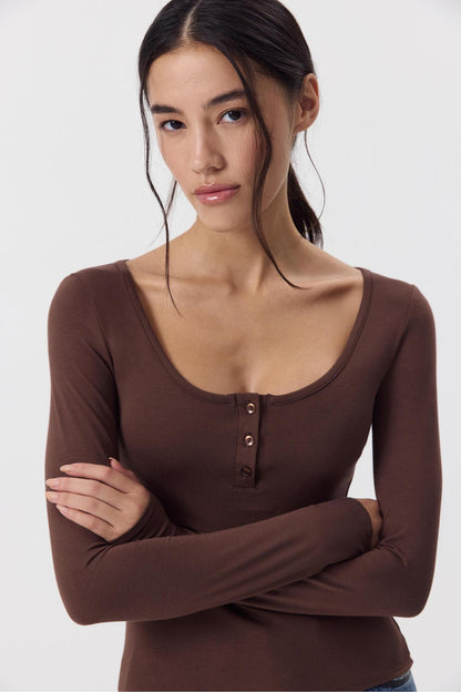 Women's Soft Modal U-Neck Button Fitted Long Sleeve Top